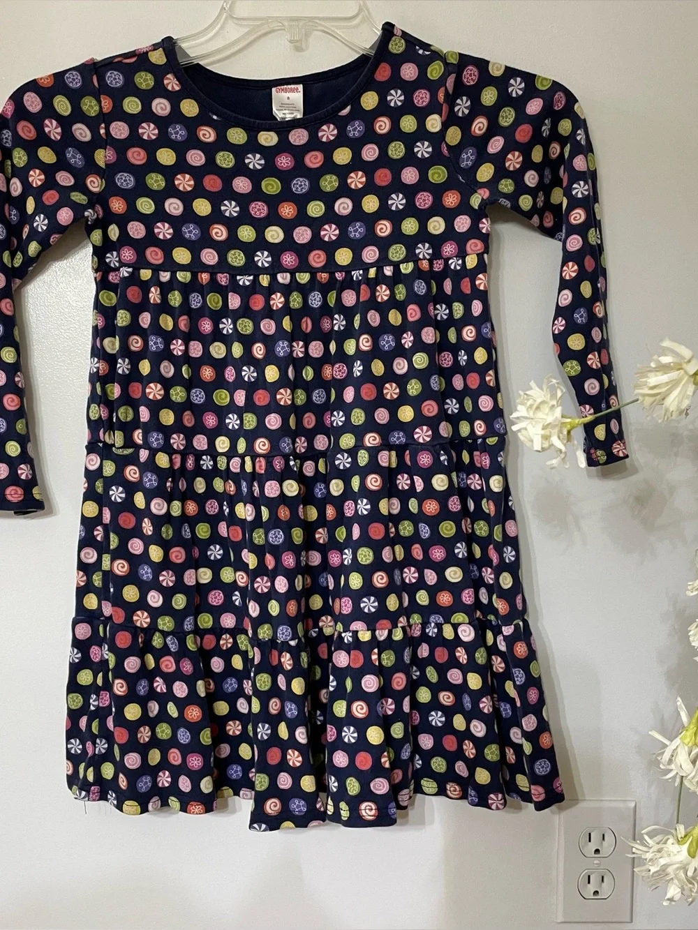 Kids Navy Long-Sleeve Tiered Dress with Multi-Color Candy Dot Print
